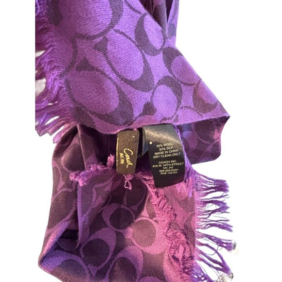 Coach Purple Signature Scarf 30% Silk & 70% Wool, Preppy Fall Boho Relaxed Fit - Picture 5 of 7